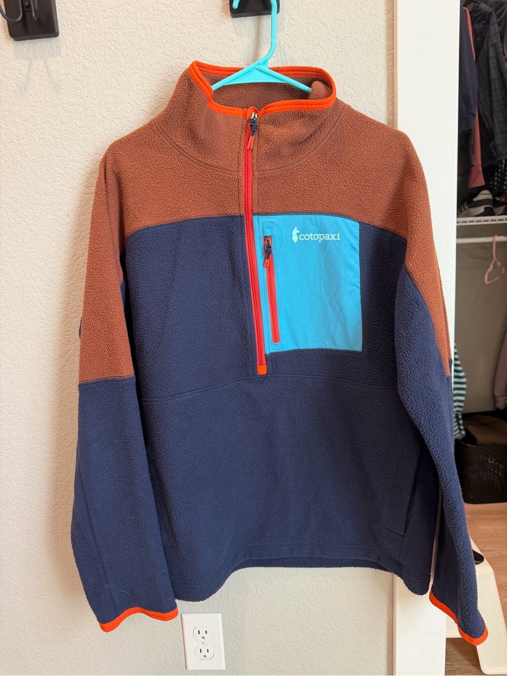 cotopaxi Men’s Colorblock Zip Fleece in Brown, Navy & Teal with Orange Trim